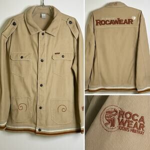 Rocawear Jacket 2XL Corduroy Beige Tan Stripe Hem Embroidered Logo Hip Hop Y2K